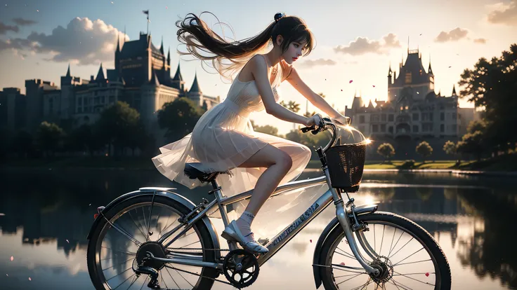 ((Girl riding an antique bicycle in lakeside park))、 fluorescent color 、 one girl 、Look to the side、Beautiful Face、 beautiful eyes、(Big  blue eyes)、( Silver Dull Eyes ) (Her body lines are clear due to strong winds ）、 shiny hair 、Glowing Skin、Glare Reducti...