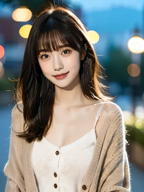 1 girl in the best, high resolution, look, wearing a dress and a cardigan, illumination,night view long hair, bangs between eyes, small breasts, smiles, shooting test model ,