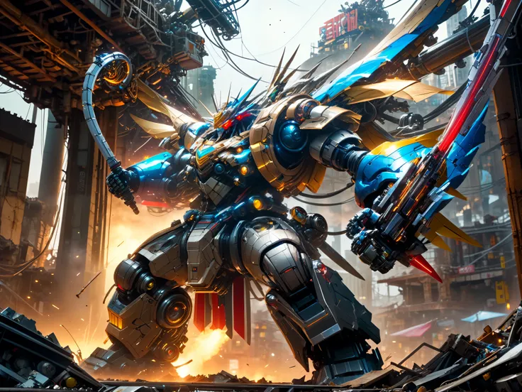 A futuristic robot, bulky, massive, and menacing, with a body colored in red, blue, and yellow, filled with intricate details of wires, hydraulics, and mechanical components. The robot is swinging a huge mechanical sword, with light gleaming from the swing...