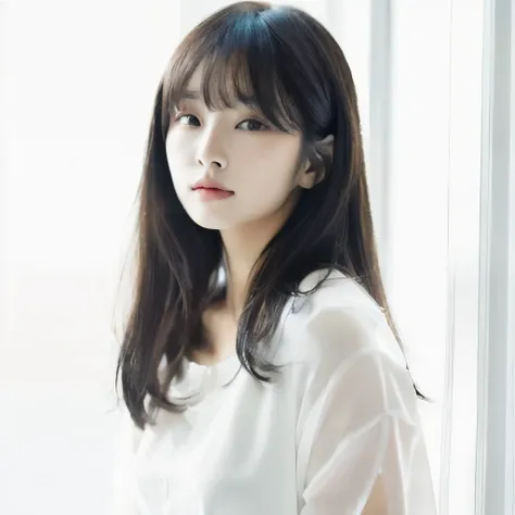 arafed woman with long black hair and white shirt looking at the camera, white hime cut hairstyle, neat hair with bangs, Jaeyeon Nam, the hime cut, with bangs, Lee Ji-eun, lee ji - eun, black hime cut hair, Chiho, with full bangs, she has black hair with b...