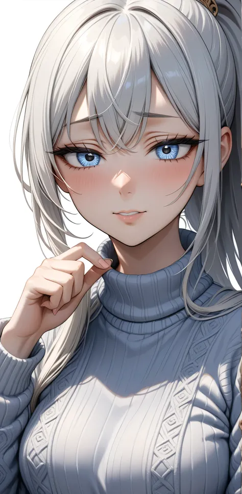 Random Sexy pose , ((Ultra detailing)), (very aesthetic, best quality, ultra detailed), intricate details,
1girl, silver hair, silver eyes, High ponytail hair, ((Detailed eyes)), ((Beautifull eyes)), ((prefect eyes)), sharp jawline, sweater, long hair, Med...