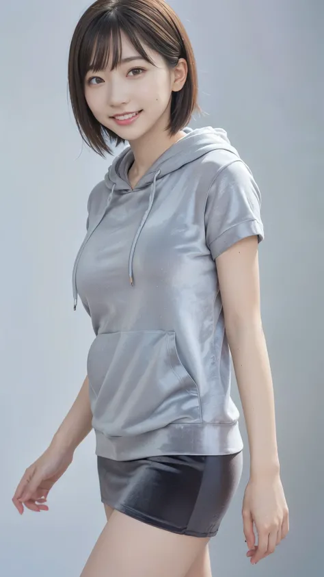  best quality,masterpiece, super high resolution, high-definition RAW color photo, professional photography, natural skin texture , fine skin, hyperrealism, smiles,gigantic breasts, dark blonde short cut hair,((gray hoodie ),velvet long tight pencil skirt)...