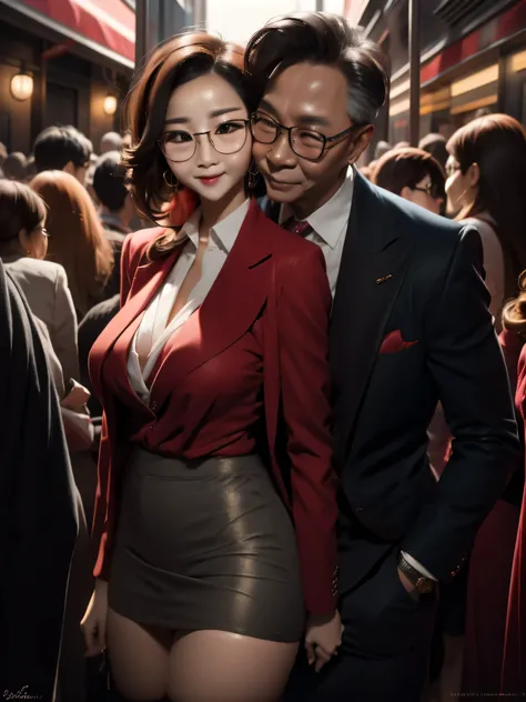 A beautiful woman wearing revealing skirt suit, her elderly husband hugged and kissed her from behind in the crowded crowd, UHD, masterpiece, textured skin, super detail, best quality, 8k.