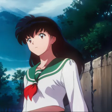 1girl, solo, outdoors, long hair, brown eyes, school uniform,(Masterpiece: 1.6, Best Quality), (Fine Beautiful Eyes: 1.2), (best quality, masterpiece, higher), green school uniform, soft thighs , long sleeves, white socks, scenery , Best Quality, ((anime))...