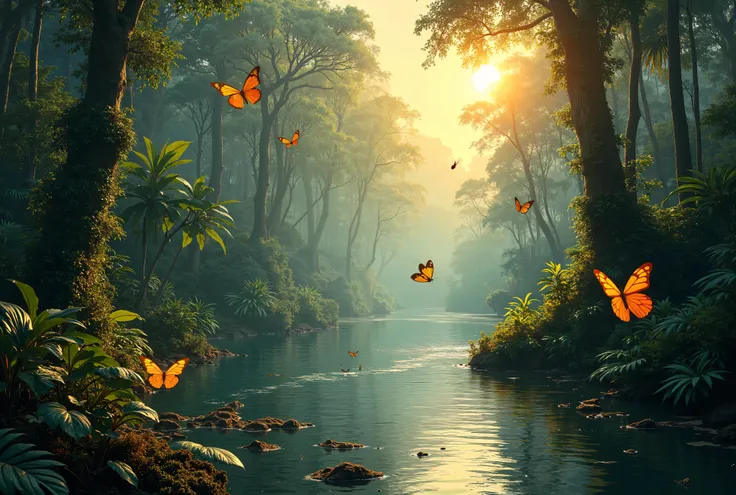 Beautiful hyper-realistic and super-detailed masterpiece that shows a mysterious river in the amazon forest, with the sunset sunshine, somebutterflies flying
