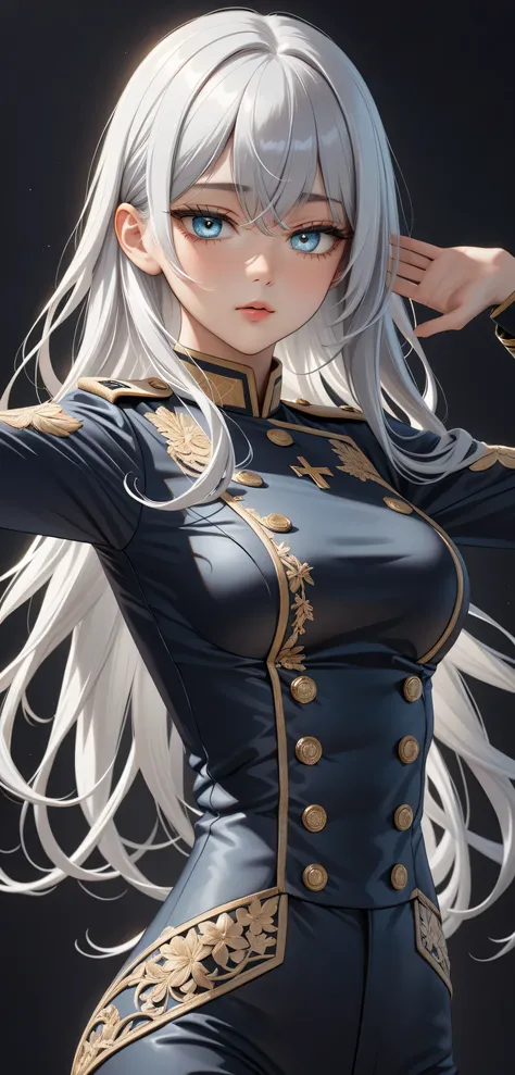 Upper body, Random pose, ((Ultra detailing)), (very aesthetic, best quality, ultra detailed), intricate details,
1girl, silver hair, silver eyes,((Detailed eyes)), ((Beautifull eyes)), ((prefect eyes)), long hair, Medium breasts, cowboy shot,(wearing Milit...