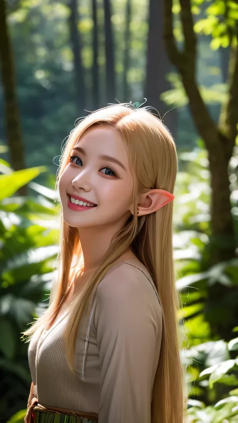 「Blonde Gal Elf 。 Her long golden hair flutters in the wind 、 A beautiful elf girl with a bright smile 。 She wears colorful fashion、 wears gorgeous accessories 。 A lush forest spreads out in the background 、 soft light is shining in。 Her ears are sharp 、ey...