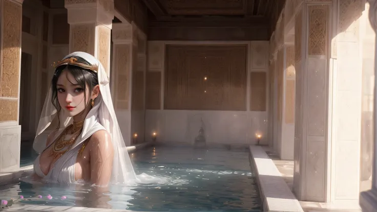 (Arabian Palace Bathhouse ),(girl hiding with a wet white veil)、(best qualtiy)),((Superior Quality, 8k, tmasterpiece: 1.5)), Pubic area is clear: 1.2, Perfect Body Beauty： 1. 4) Wet Skin, smile, Film texture, Photorealistic, High image quality, 1 person, s...