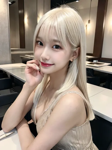 (Masterpiece, Top Quality, 8K Quality), Realistic Photography, Perfect Human Structure, Perfect Physics, Japanese Young Adult Female, One Person, KPOP Idol Style Face, Cute Smile, Clear Skin, Natural Texture Skin, (((Platinum Blonde Hair))), Long Hair, Tra...