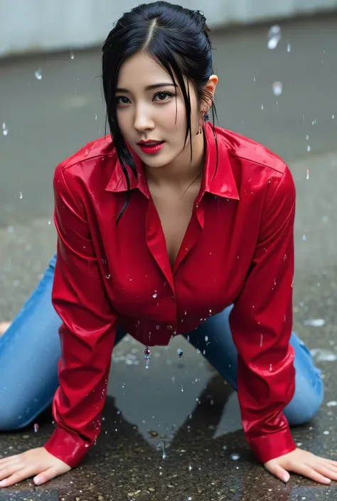 an office lady, in the middle of the rain all over the body and wet clothes, kneeling on all fours with both arms touching the floor, ass lifted doggystyle, faces facing camera, use an unbuttoned oversize shirt in satin material of red color, using blue de...