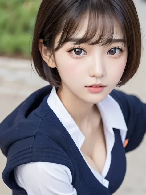 ((   Korean Mix       ))    ,     Strong gaze、
((     best quality  )),,                    1 girl, (                bust size E cup               ),                      staring beautifully into the camera with detailed eyes ,    、   ( Very short nose hai...