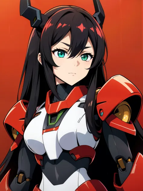 (high-quality, breathtaking),(expressive eyes, perfect face) 1girl, female, solo, black color hair, red highlight in hair, green eye color, long hair length, fluffy hair, Symmetrical Eyes, portrait, positive expression, stylized hairstyle, mecha musume, ro...