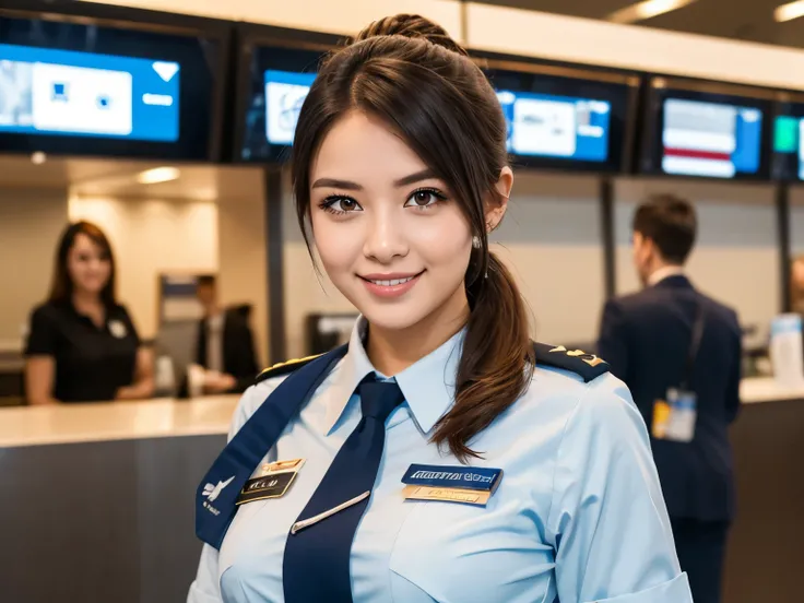  25-year-old woman working at the airport reception. Airline uniform , smile, kind, educated, full hd,8k