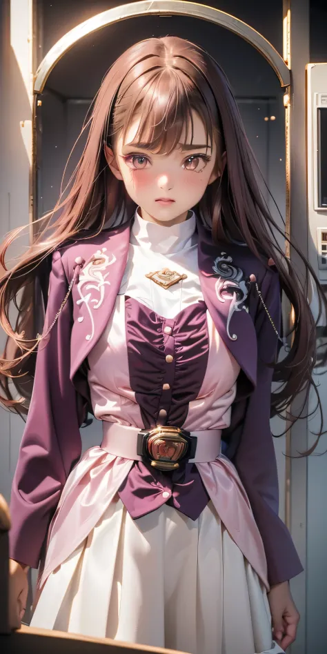 (High-definition CG), ( best quality),(( black background)),(( frontal view )),((Inside the Jail)), one woman,  perfect face, crying,  shiny skin ,  Wide Hips ,  Thin Waist,  purple bolero jacket ,, Long Sleeve, (( white skirt)), pink belt , (( brown hair)...