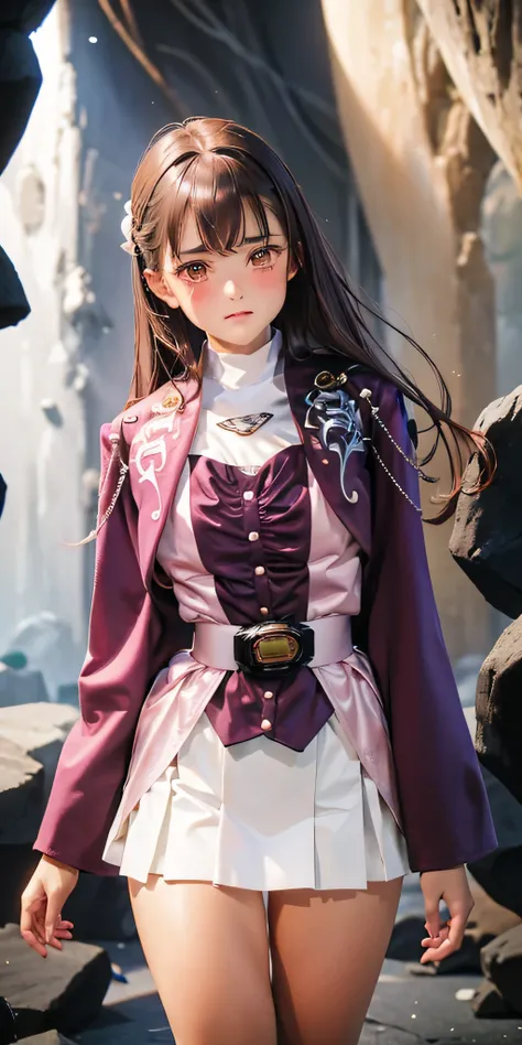 (High-definition CG), ( best quality),(( black background)),(( frontal view)),(( in a dark cave)), one woman,  perfect face, crying,  shiny skin ,  wide hips,  Thin Waist,  purple bolero jacket ,, Long Sleeve, (( white skirt)), pink belt , (( brown hair)),...