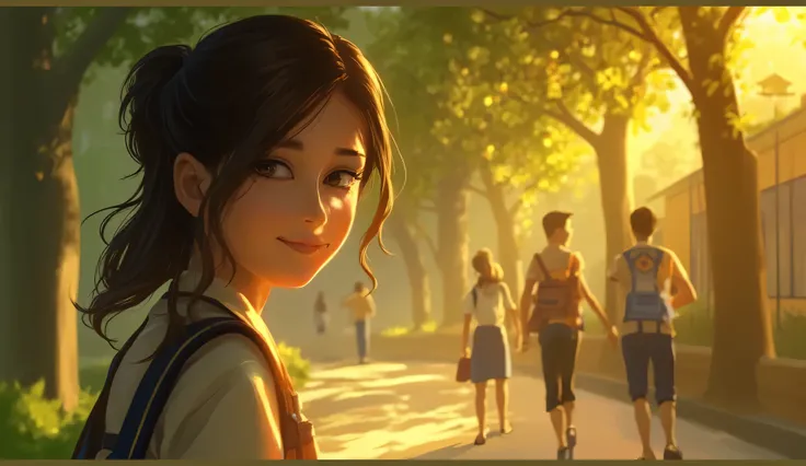 "A serene Animation of moment capturing an 21-year-old Indian girl close up image of her smiley face with delicate charm and elegance. She is walking in her school uniform, turning back with a playful glance as if her eyes are silently happy. Her fair comp...