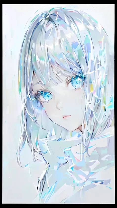 Blue eyes and white hair anime girl,  beautiful anime style portrait ,   soft anime illustration  ,  MADE IN AN ANIMATION ARTIST STUDIO,  Pixiv Digital Art, Big Glowing Sad Eyes , Pale blue eyes,   digital animation art ,  There is a paradisiacal tropical ...