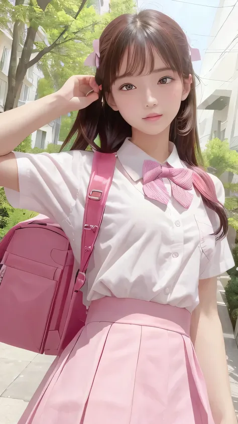 (8k,  best quality, masterpiece:1.2),  is present,   super high resolution,  complicated details,
 1 girl, beautiful face, JK Suit, white t-shirts, small breasts, pink ribbon,  bow tie, Pink Skirt , wearing  School Bag Backpack,  looking at camera, ( Schoo...