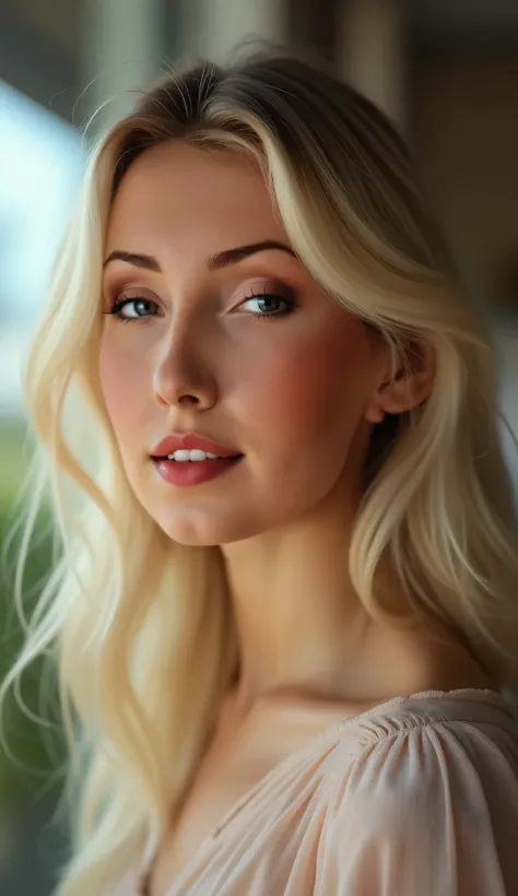 "Ultra-realistic cinematic portrait of a blonde woman with delicate makeup, natural lighting emphasizing her soft features, and a modern indoor background with subtle depth of field. The image is in 4K resolution, framed in a vertical 9x16 aspect ratio, ca...