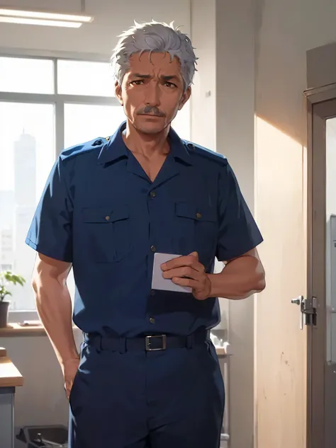 masterpiece, high quality, (60 year old man Worker in Uniform:1.5) and (short white hair) and (brown eyes), blue Practical short sleeve Jumpsuit, angry, alone, standing, inside office room,