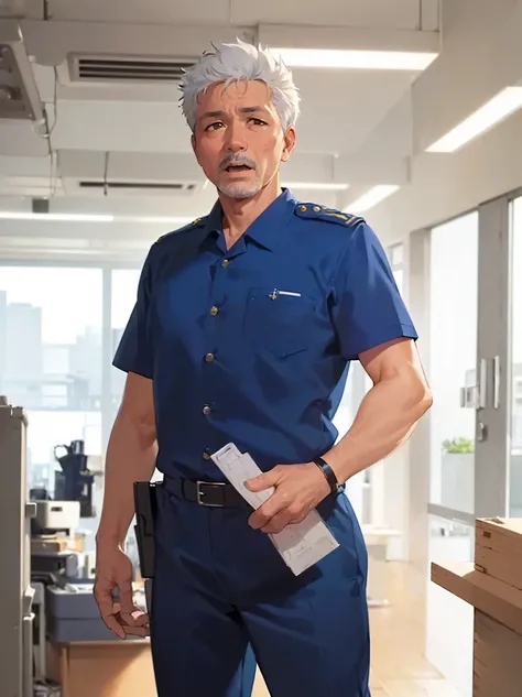 masterpiece, high quality, (60 year old man Worker in Uniform:1.5) and (short white hair) and (brown eyes), blue Practical short sleeve Jumpsuit, surprised, open mouth, alone, standing, inside office room,
