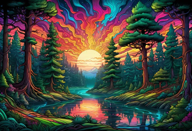 A psychedelic forest landscape inspired by Dan Mumford and El Bosco, featuring a vibrant and colorful sunset, lush green pine trees, fractal thunder, a humorous touch, and a glowing stained glass background, in Dan Mumford's art style, with water.