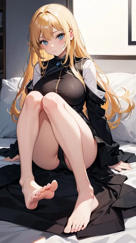  1 girl in the best, solo,  high resolution,  long hair,  blonde,  big breasts, feetの裏, 裸feet, feet, anime, 