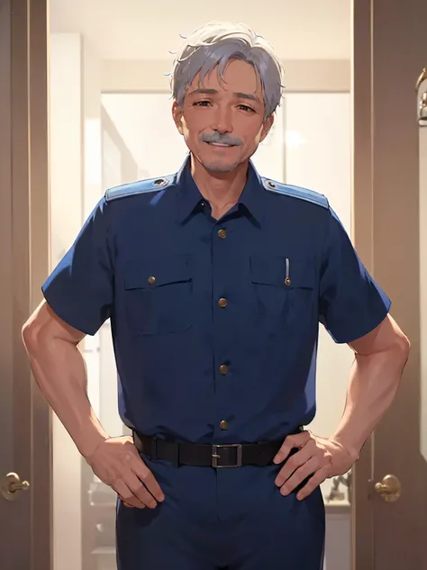 masterpiece, high quality, (60 year old man Worker in Uniform:1.5) and (short white hair) and (brown eyes), blue Practical short sleeve Jumpsuit, smile, alone, standing, inside luxury jewelry store,
