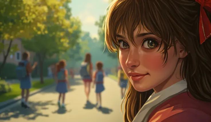 in Animated cinematic style with painting art and real feel, A 21 year Indian school girl gorgeous, happy, smiley face with nice eyes in the right side of the image and blurring background is the natural beauty of nature in the road of school with some stu...
