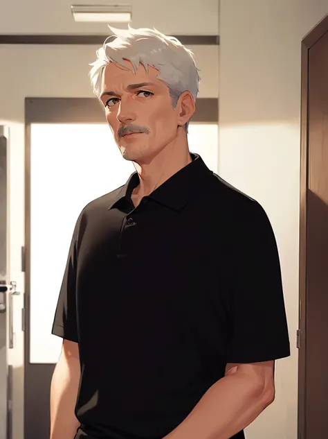 masterpiece, high quality, (60 year old man :1.5) and (short white hair) and (brown eyes), (black polo shirt), sirious, alone, standing, inside hospital room,