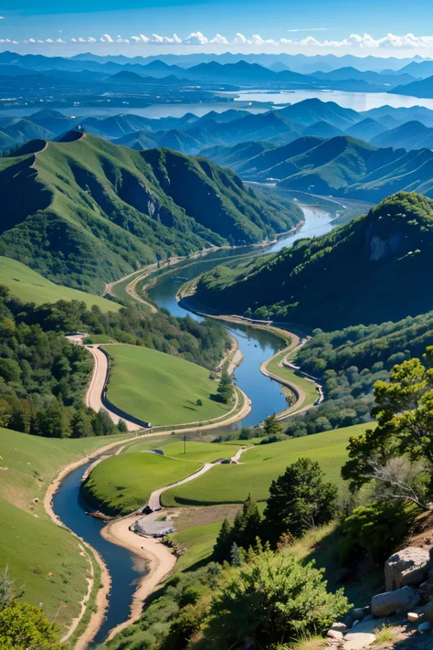  best quality、Mysterious、Expansive nature seen from the top of a hill、blue sky、Plains、Beautiful creek 