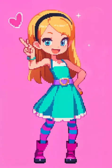 (masterpiece, top quality, best quality), pixel,pixel art,1girl,full body, penny peterson, long hair, blue eyes, 3d, blonde hair, skirt, pleated skirt, white trimmings, frilled skirt, hairband, black hairband, dress, teal dress, lavender belt, blue and pin...