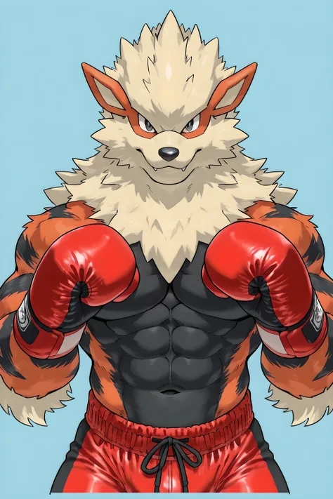 zzArcanine, arcanine, no humans, pokemon (creature), flat color, male, muscular, shirtless, simple background, looking at viewer anthro, speedos, black stomach, black chest, half body, wearing boxing_gloves, boxing_trunks, boxing_pov