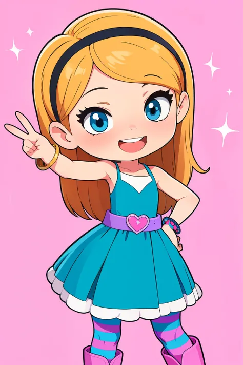 (masterpiece, top quality, best quality), pixel,pixel art,1girl,full body, penny peterson, long hair, blue eyes, 3d, blonde hair, skirt, pleated skirt, white trimmings, frilled skirt, hairband, black hairband, dress, teal dress, lavender belt, blue and pin...