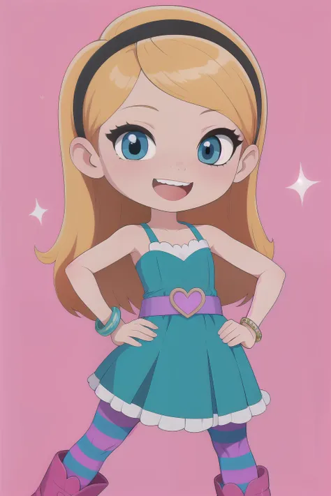 pan, 1girl,full body, penny peterson, long hair, blue eyes, 3d, blonde hair, skirt, pleated skirt, white trimmings, frilled skirt, hairband, black hairband, dress, teal dress, lavender belt, blue and pink striped pantyhose, pink bracelet and boots, beautif...