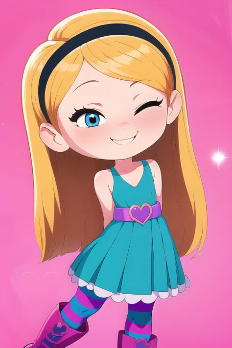pan, 1girl,full body, penny peterson, long hair, blue eyes, 3d, blonde hair, skirt, pleated skirt, white trimmings, frilled skirt, hairband, black hairband, dress, teal dress, lavender belt, blue and pink striped pantyhose, pink bracelet and boots, cute gi...