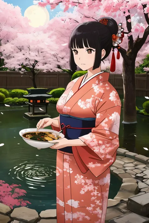 "A Japanese-style young girl with delicate facial features, wearing a traditional kimono with intricate patterns, gracefully holding a bowl of ikura don (salmon roe rice bowl). She is standing confidently amidst a dynamic battle scene, surrounded by multip...