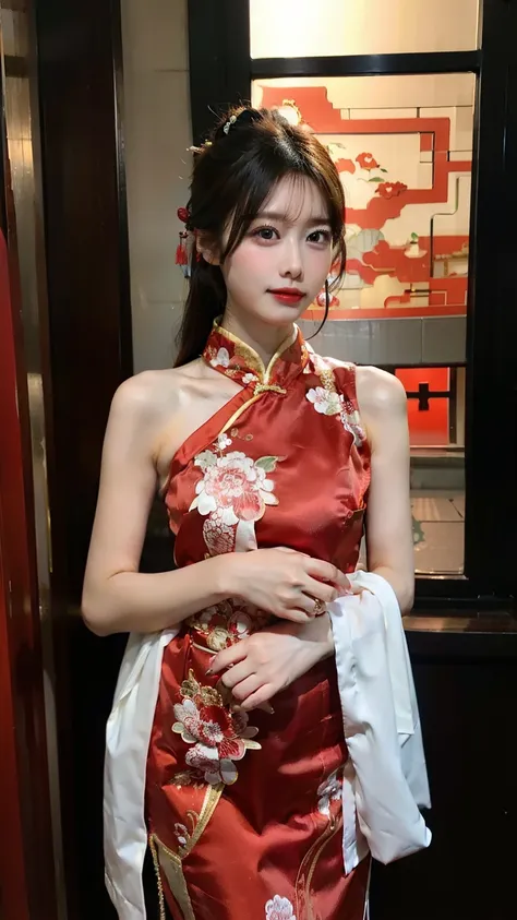 Put on a pretty red Chinese dress,In the temple