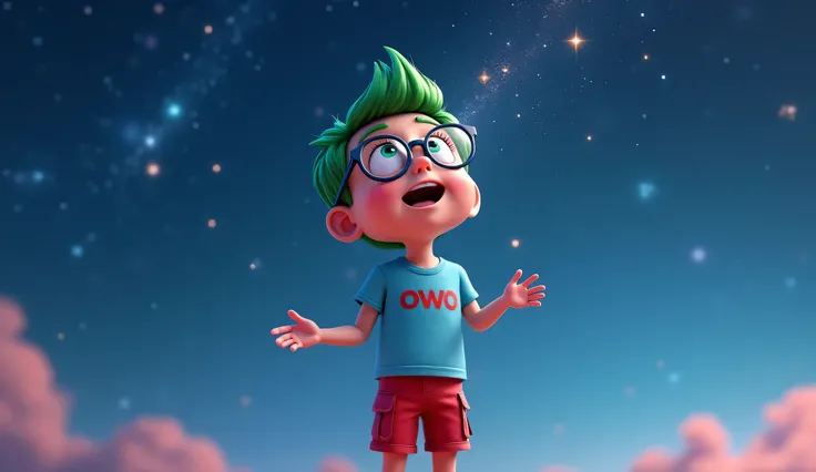 Prompt:
"A detailed 3D Pixar-style depiction of Owo, an  boy, standing in a cosmic environment, looking up in awe at the stars that surround him. Owo has big round glasses that reflect the starlight, neatly combed bright green hair, and a curious expressio...