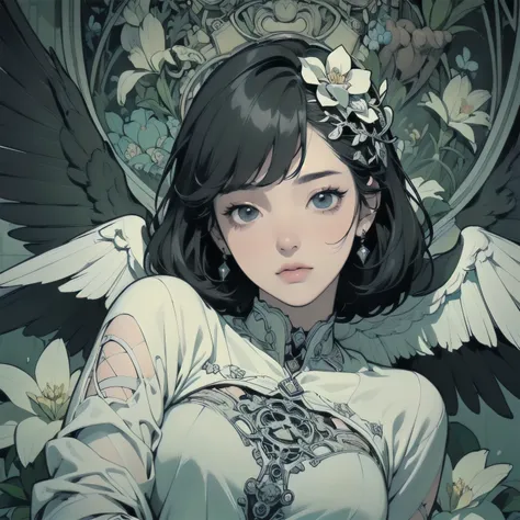 (((masterpiece,   best quality )))、(((32K Wallpapers)))、 A woman with mechanical wings、  perfect face、   Detailed Hair   、  upper body close-up  、Lots of white flowers、Gorgeous light leaks、 short hair、((( blackい布のローブ)))、Gargoyle、((( Detailed and Intricate ...