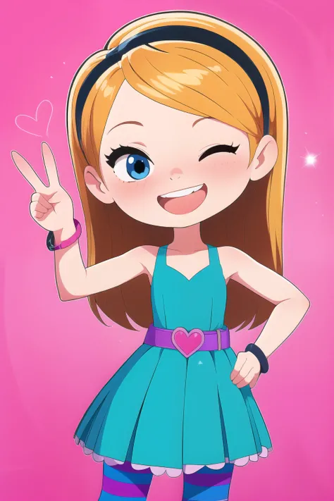 pan, 1girl,full body, penny peterson, long hair, blue eyes, 3d, blonde hair, skirt, pleated skirt, white trimmings, frilled skirt, hairband, black hairband, dress, teal dress, lavender belt, blue and pink striped pantyhose, pink bracelet and boots, beautif...