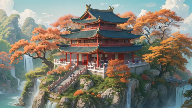 A traditional Chinese-style temple with multiple levels and a lantern-adorned roof, surrounded by vibrant meiua trees. The temple is set in a rocky landscape with cascading waterfalls and a clear blue sky filled with fluffy white clouds. The scenery provid...