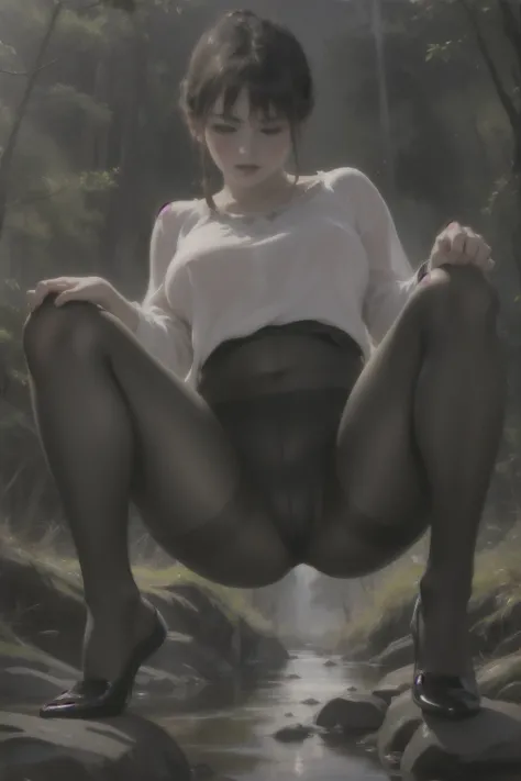 ((stylized old oil painting image, impressionism, eccentric pose, whole body)), drooping eyes, sleepy face, (the secret behind the rock, casual clothes, takeoff bottom), open legs, masturbation with stuff, (((dark pantyhose))), (showing off her dark pubic ...