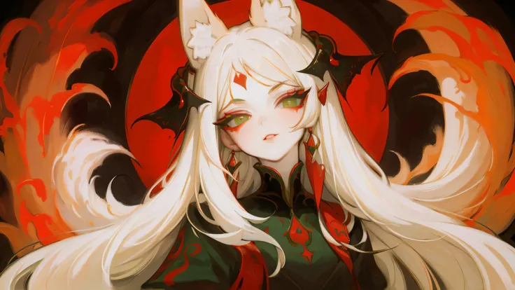 Upper body standing painting, sweetheart, solo, pale-skinned, (Fox ears), Elaborate Eyes, detail in face, Green-eyed, Red Eyeshadow, lips in red, black magic dress, awas, pervert smirk, tmasterpiece, high high quality, minimum, Tiny,