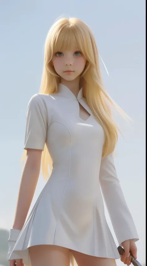 girl in a white outfit, yellow eyes, with a sword, impatic genshin style, blonde long hair, midshot, centered image, ultra detail, extremely face detail, extremely eye detail