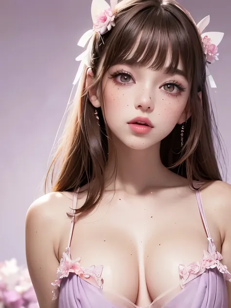 Beautiful girl; (Brown hair, with a nice bow); (honey colored eyes, pretty eyes, big eyelashes and thin cute eyebrows, full lips, Cupid and Heart shaped lips, pink and pretty lips); (pale white skin with pink tones; freckles and moles all over the body); (...