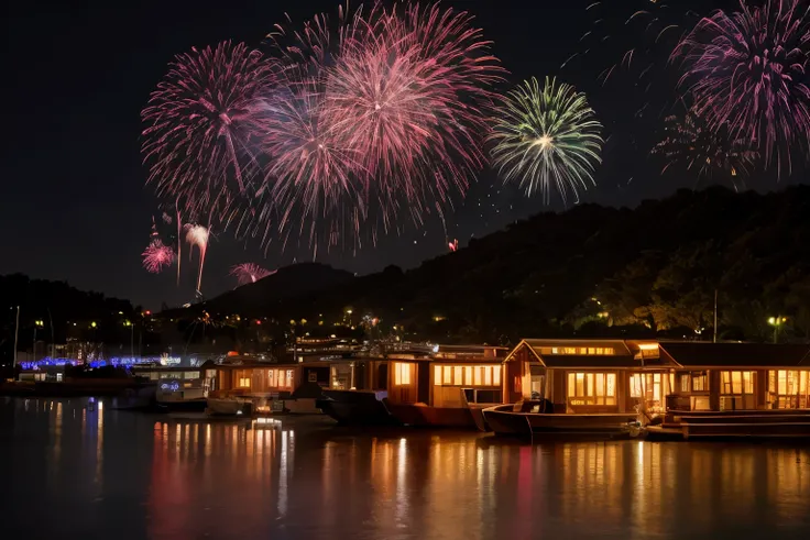 Many houseboats、Fireworks reflected on the water、