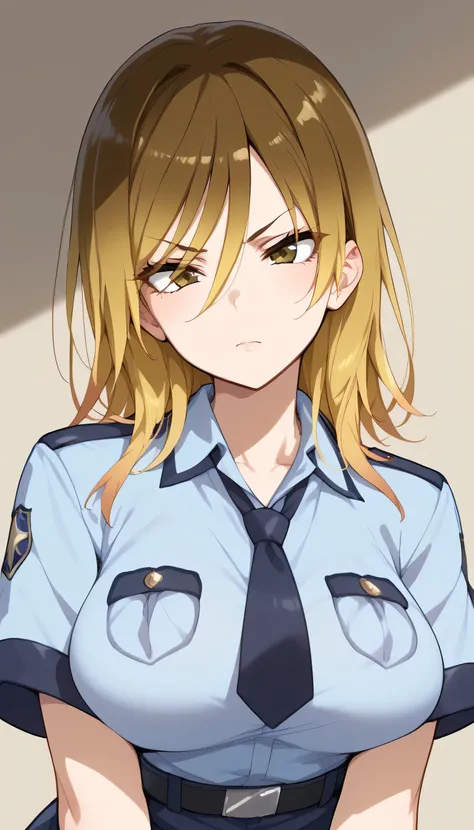 ((  top quality))), (   Details), 8k,Large breasts,   sexy ,  hyperbust   ,   is present,   I sweated, Takeda Hiromitsu style,  perfect eyes,datmai, brown hair, medium hair, gradient hair,blonde hair,brown eyes,Long bangs between eyes,Police uniform,