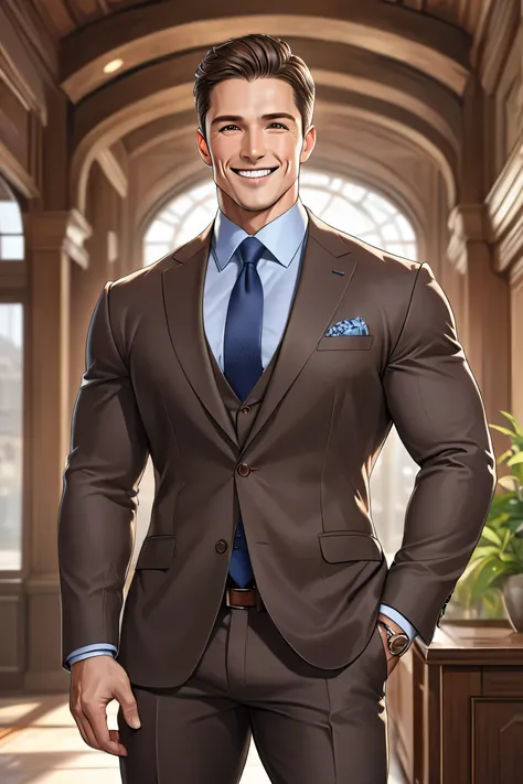  (masterpiece, best quality, 8k, high definition), whole body, 1 adult male, short brown hair, muscular body, brown eyes, square jaw, masculine face, natural light, detailed background, Detailed Illustration Art, wearing a business suit, smiling friendly, ...