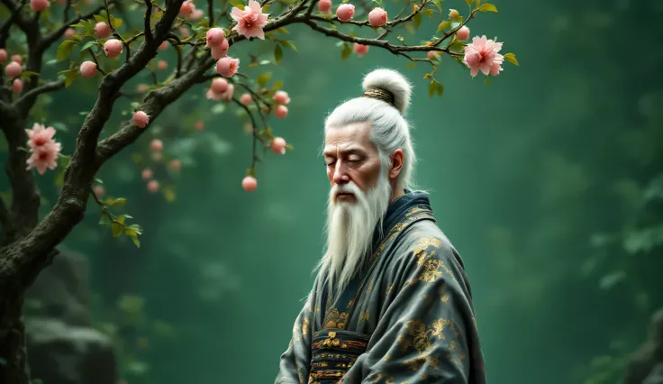 create 16x9 .  portrait of old man in ancient costume,  the god of peace , Calm,  white hair with high bun ,  sage face from ,  standing under a peach tree .  background only a green 